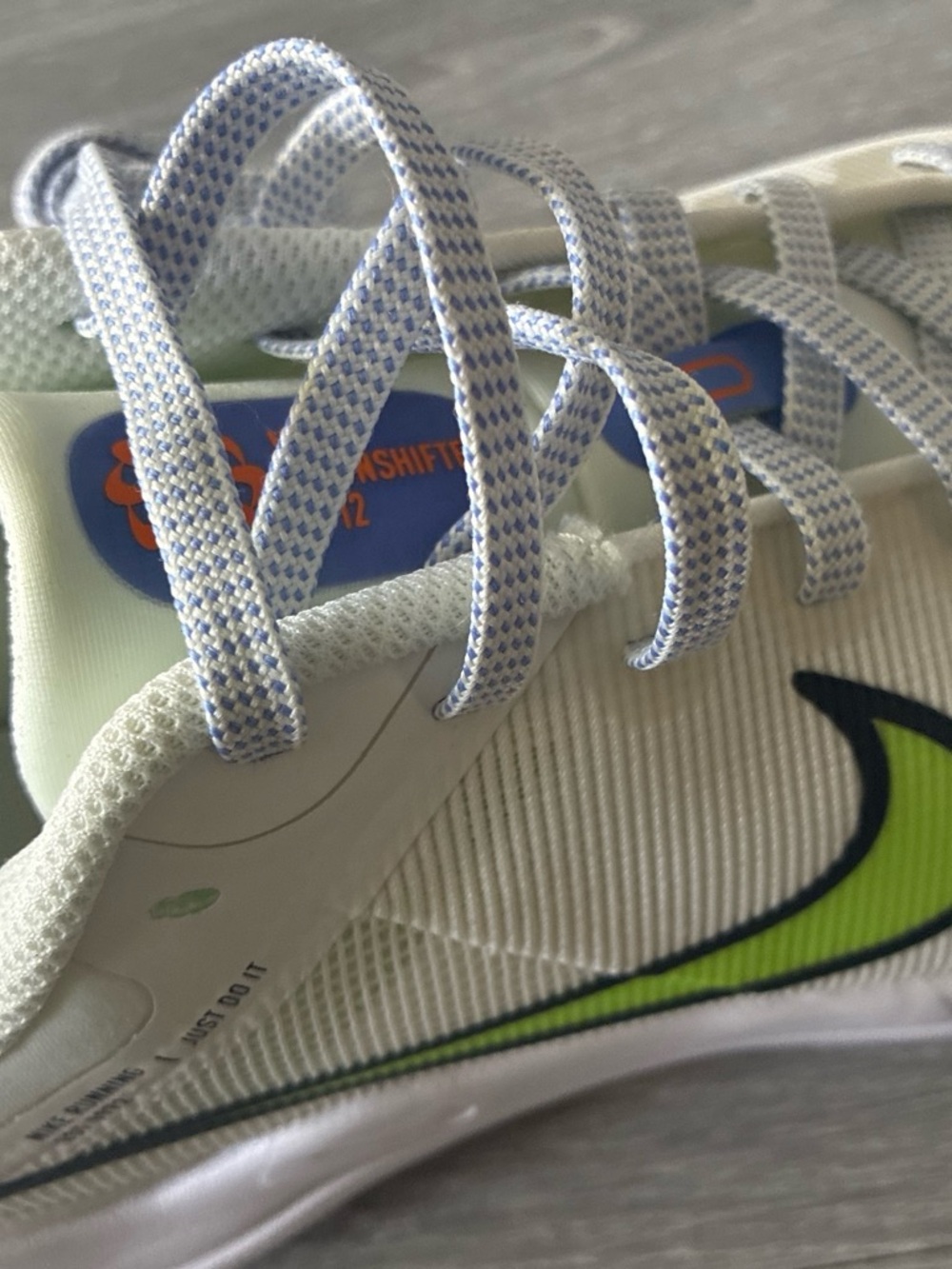 Nike women White Sneakers with Neon Lime Swoosh and Blue-White Laces
